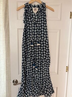 Sleeveless Navy and White Patterned Midi Dress with Tassel Detail